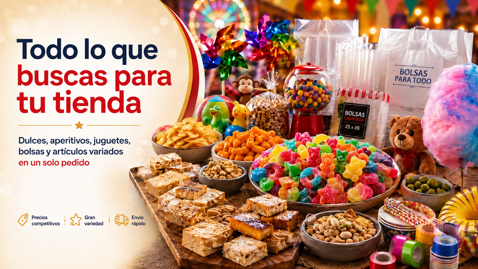 Todo lo que buscas para tu tienda: dulces, aperitivos, juguetes, bolsas y artículos variados